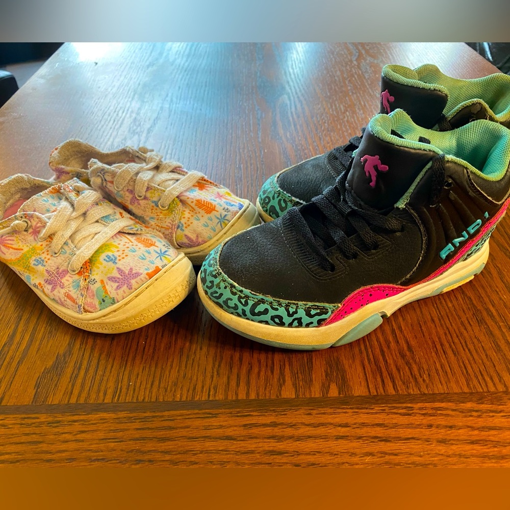 2 pair girls’ sz 12/13 sneakers: leopard neon And1 high-tops & tropical canvas